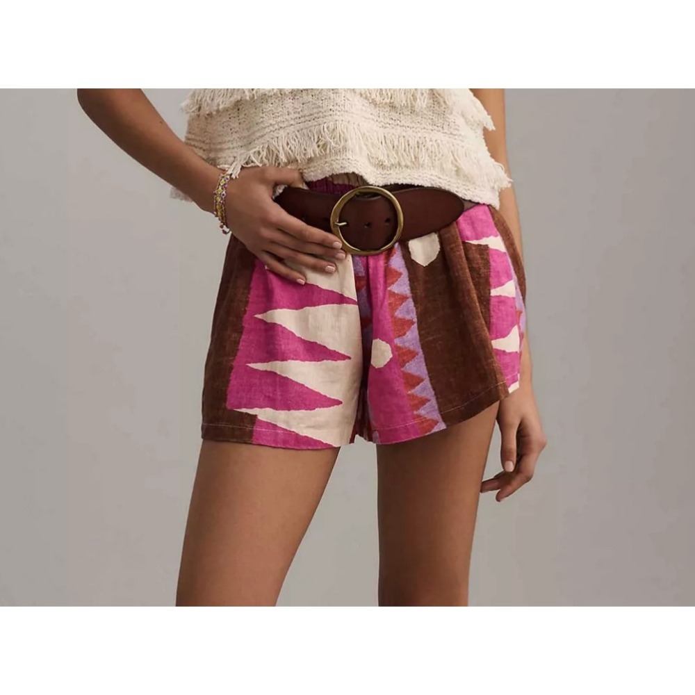 Anthropologie Somerset Shorts Womens M‎ Pink Brown Linen Blend Geometric Print